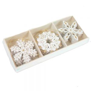 Shabby Chic de madera copos de nieve oro diseño árbol de Navidad adornos caja de 24