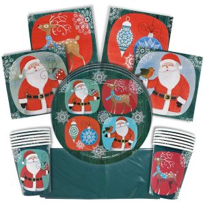 Vajilla Festiva para Fiesta de Celebración de Navidad – Diseños Navideños Clásicos - Decoración Desechable y Resistente – Accesorio, Articulo Decorativo para Cena Festiva – Vasos, Mantel, Platos y Servilletas