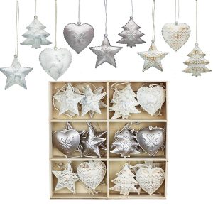 Valery Madelyn Adornos del árbol de Navidad de Metal, 24Pcs Decoración de Navidad de Blanco y Plate, Colgantes Diseño Hueco Tallado (Invierno Espumoso)