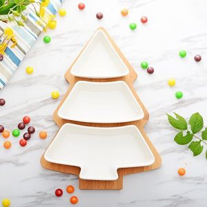 HopeU5 Vajillas de estilo europeo Árbol de Navidad con placa de bambú de cerámica de bocadillos de fruta plato de plato de caramelo