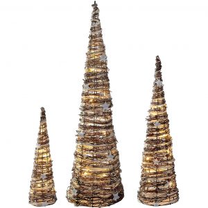 WeRChristmas 80/60/40 cm Pre-Lit de ratán LED de luz Blanca cálida de Copos de Nieve y árbol de Conos y Estrellas de Navidad, Juego de 3