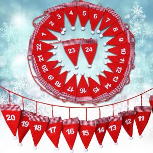 Jago - Calendario adviento de 24 bolsas de fieltro con forma de gorro de Papá Noel