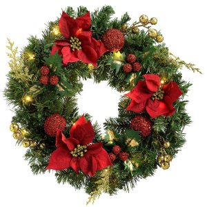 WeRChristmas 60 cm Pre-Lit con Forma de Corona de Navidad con iluminación 20 ledes de luz Blanca cálida, Rojo/Dorado