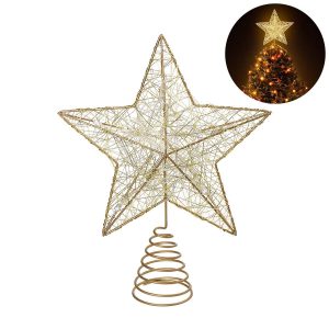 NICEXMAS Estrella de Cinco Puntas Árbol de Navidad LED Decoraciones,Star Treetop Light Decoración de Navidad Pentagram (Gold)