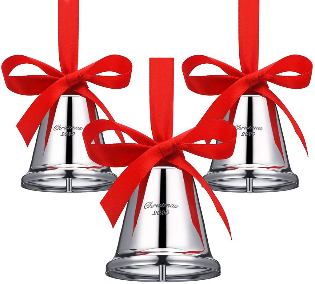 3 Piezas Adornos de Plata de Campana de Navidad 2020 Adorno Grabado de Cascabel Colgante Anual con Cinta Roja Colgante para Decoración de Árbol de Navidad Boda Aniversario
