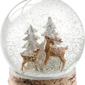 WeRChristmas – Ciervos y Fawn con Abedul Base Bola de Nieve Navidad decoración, 15 cm, Color marrón