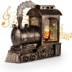 Globo de nieve musical de Navidad – Bola de nieve con luz de Papá Noel con purpurina remolinada y funciona con pilas y funciona con USB, decoración de mesa y regalo, 23 cm de alto tren