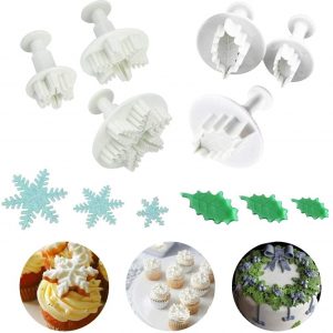 Cortador de fondant, 3 piezas de Navidad copo de nieve cortador de émbolo y 3 piezas de hoja de acebo cortador de galletas DIY accesorios para hornear pasteles herramientas para hornear postres