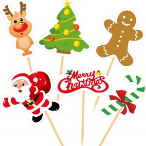 FEPITO 60 Piezas de Navidad Cupcake Toppers Selecciones Feliz Navidad Palillo de dientes Banderas para Decoraciones de Pastel de Navidad Fiesta de Navidad Suministros de vacaciones