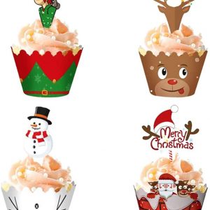 YOUYIKE® 48 Piezas Envoltorios de Pastel Navidad, Papel Molde Muffin Cases, Envoltorios de Pastel Navidad Decoraciones, Muñeco de Nieve Santa Claus Renos Elfos Suministros para Fiestas Navideñas