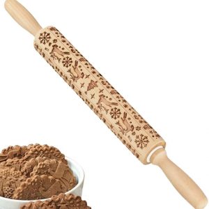 Rodillo de Madera de Haya Rodillo de Amasar Rodillo de Cocina en Relieve Navidad Rodillo con Grabado con Patrón de Arbol de Navidad de Alce para Hornear Galletas Masa Pasteles Fondant Pastas 43cm