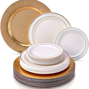 Silver Spoons Vajilla Desechable de60 Piezas Moderna y Elegante Platos dePlástico Resistente 20 Bandejas 20 Platos Grandes 20 Platos para Ensalada para Bodas y Comidas deLujo (Marfil/Oro)