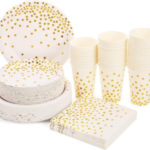 Platos Desechables Fiesta Oro Blanco 200PCS Vajilla Papel Cumpleaños Desechable Incluye Platos de Papel de 9" y 7",Vasos de 12oz y Servilletas,para Despedida de Soltera,Compromiso,Boda (50 Invitados)